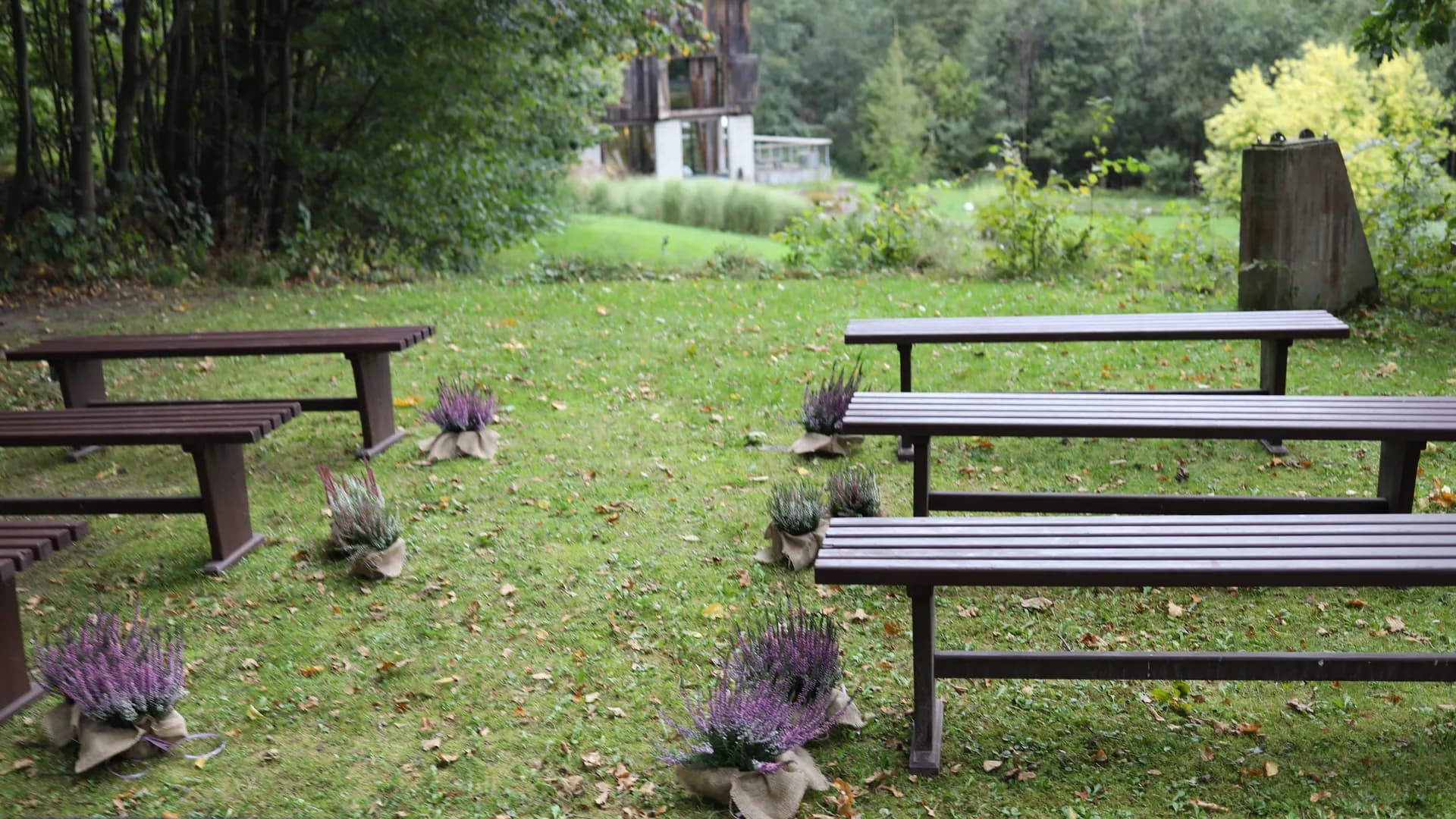 Wooden benches placed in the garden on both sides of the passage, with low heather in jute covers next to them