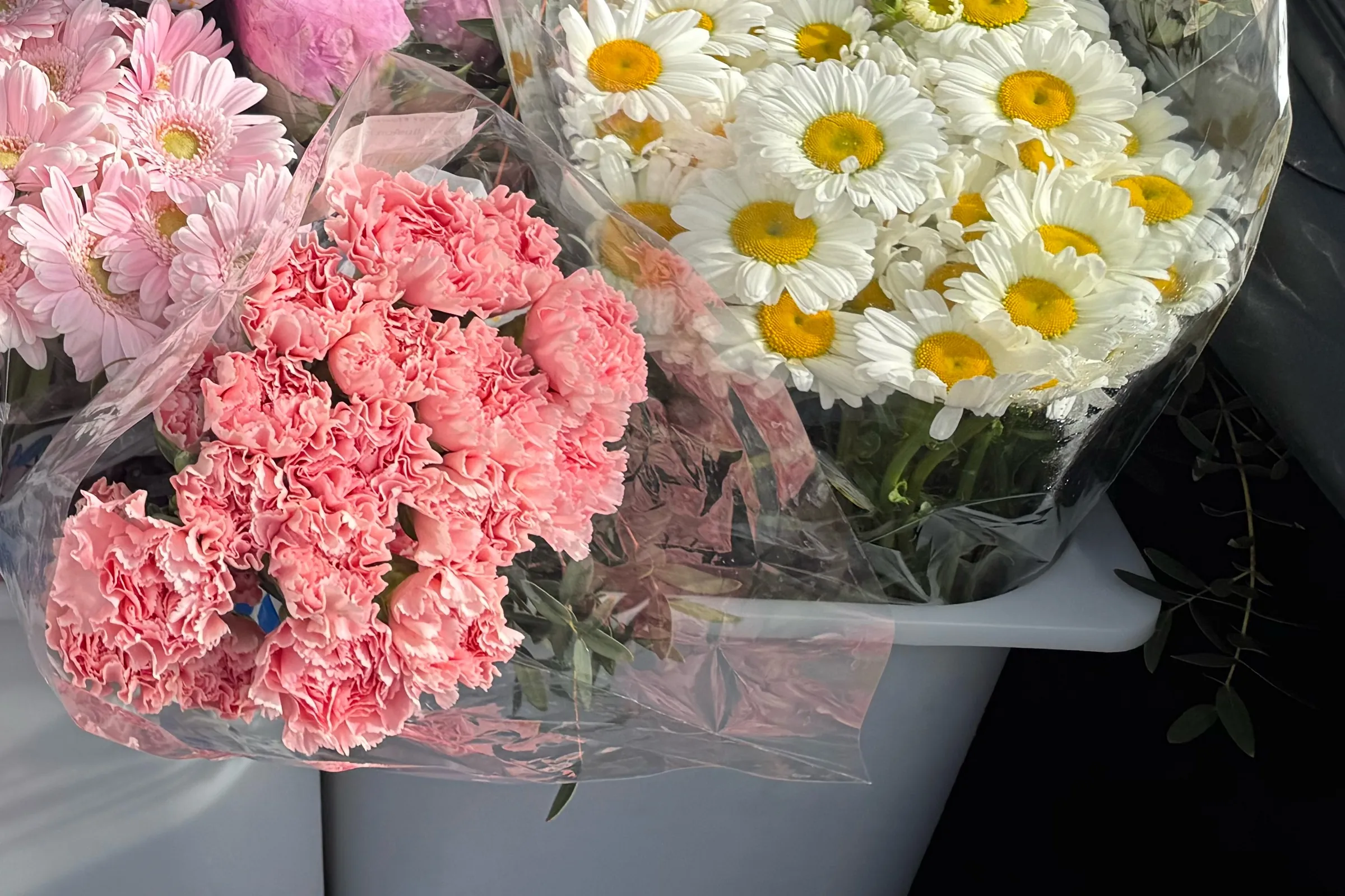 Pink gerberas and carnations and white chamomiles in foil sleeves, arranged in boxes before transport