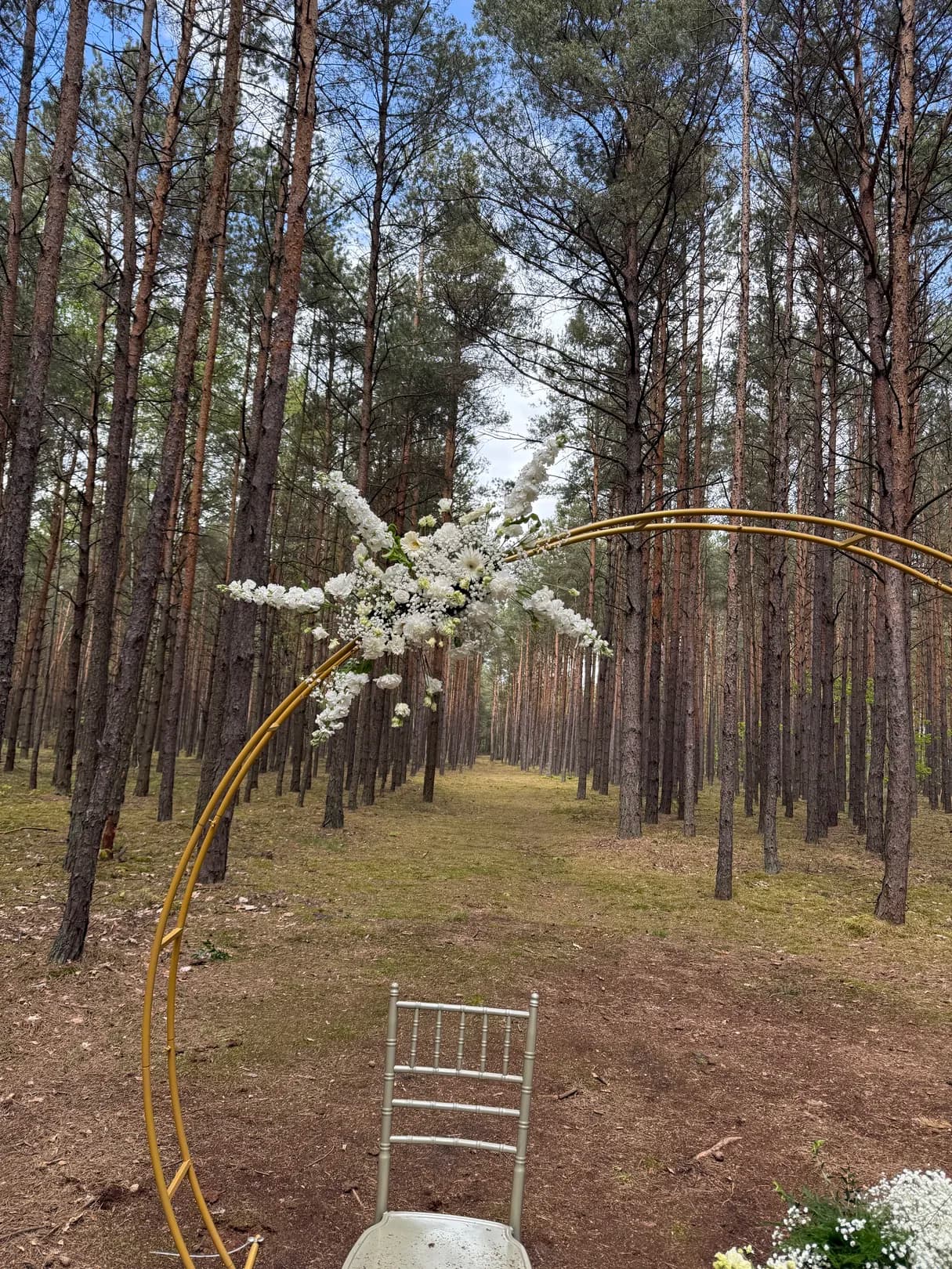 Close-up of a golden round arch with a composition of white flowers and greenery on a pine forest background