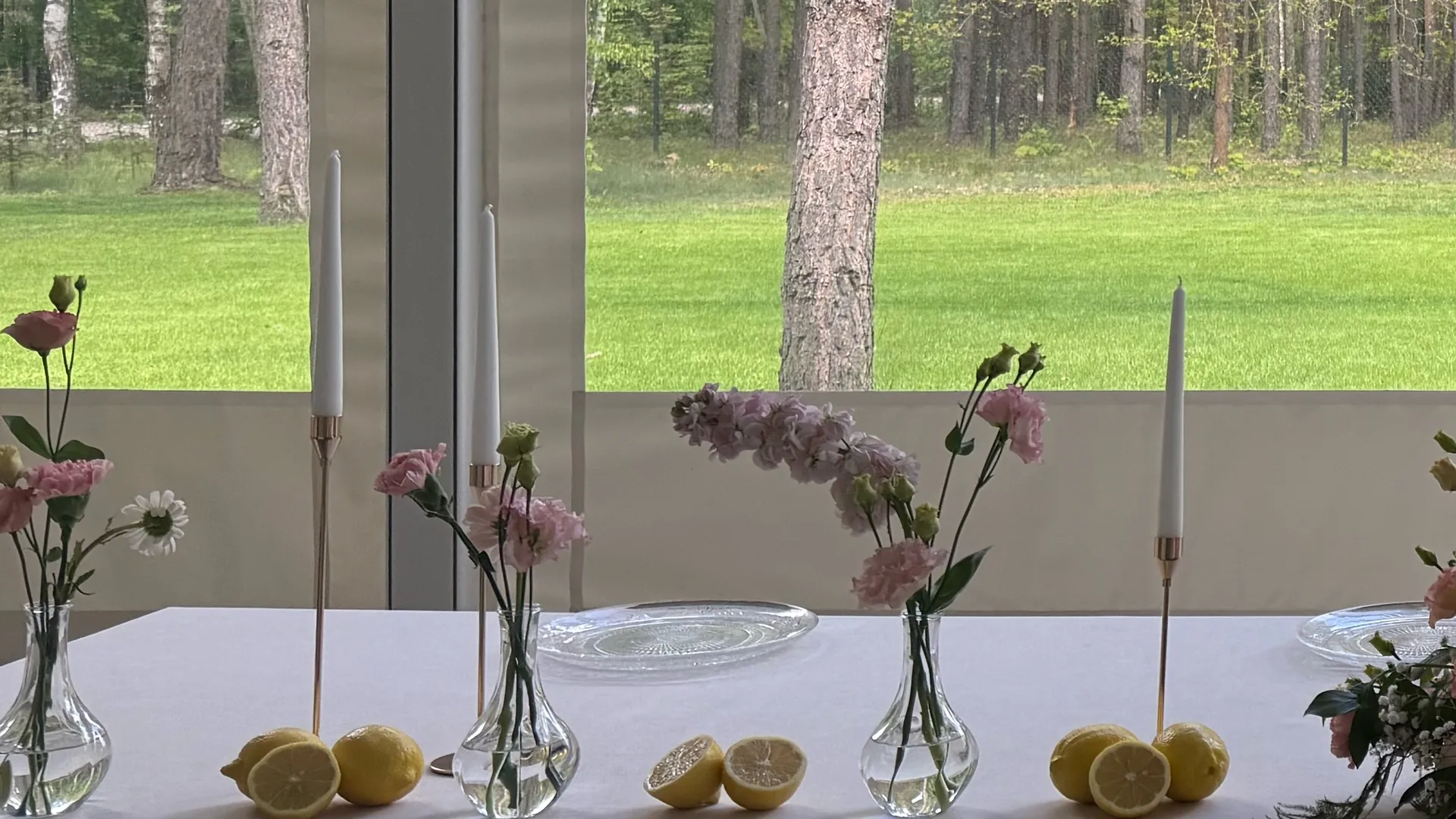 Vases with pink flowers, lemons and white candles on the couple's table, and behind the glass wall of the pavilion, pine trees and a green glade